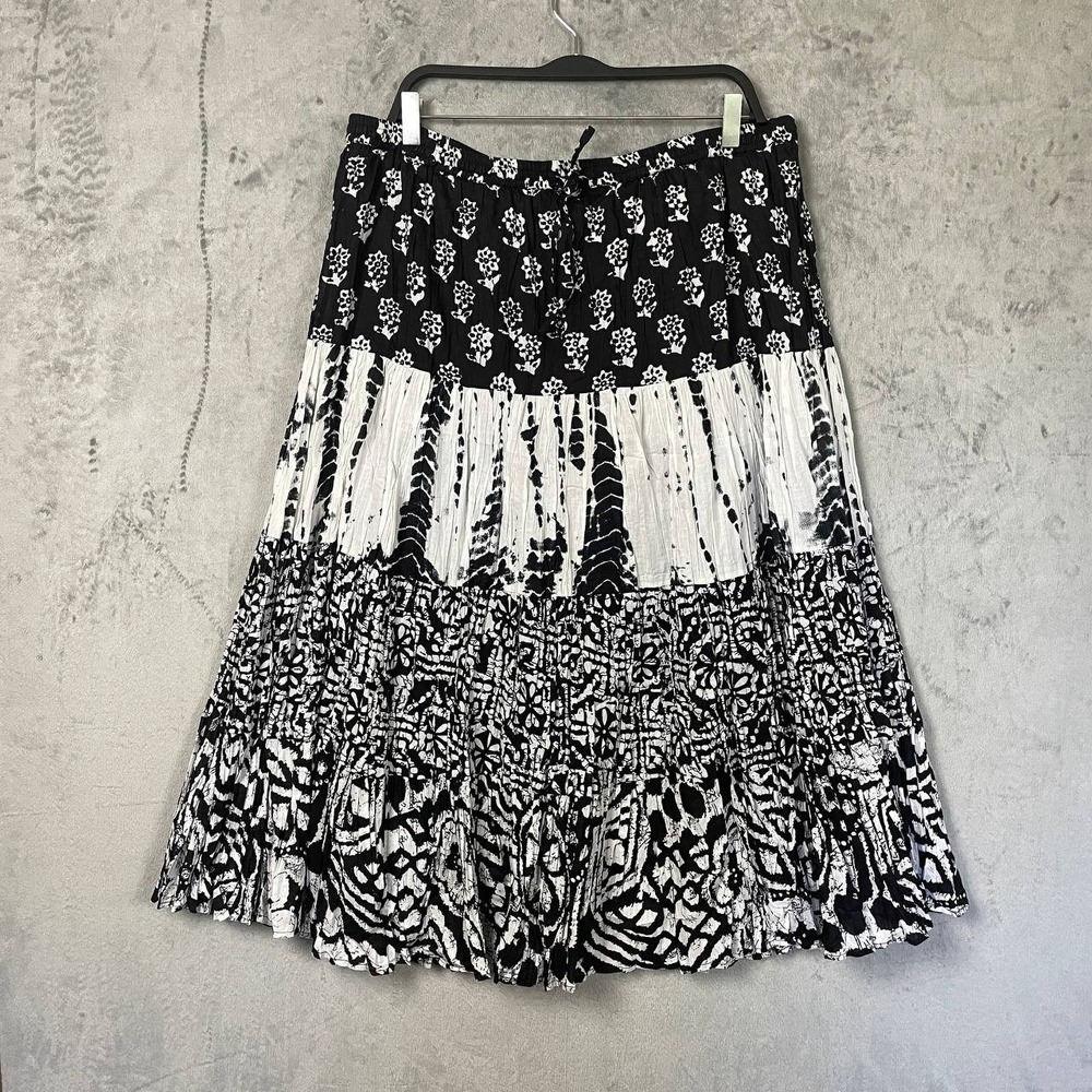 Black White Floral Tiered Midi Skirt 2X 100% Cotton Boho Peasant